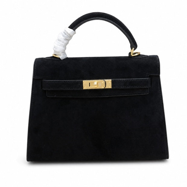 Kelly Sellier 22cm Noir Suede Leather Gold Hardware Women Mini Handbag