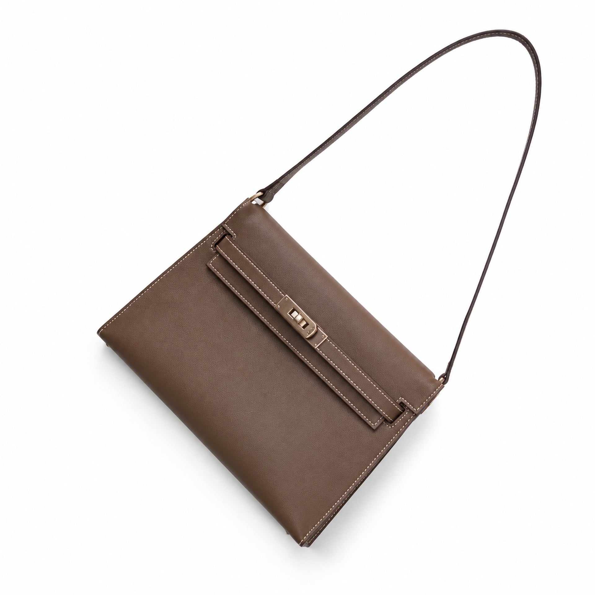 Kelly Elan 25 Underarm Baguette Bag, Genuine Top Layer Cowhide Goat Grain Leather, Silver Hardware Khaki Shoulder Handbag, Timeless Neutral Must-have Bag Elegant Versatile Daily Purse Size 25×6.5×15cm