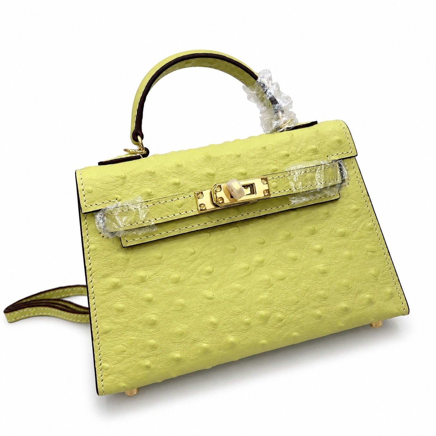 Mini Kelly II 19cm Sellier Jaune Poussin Ostrich Gold Hardware Luxury Mini Handbag