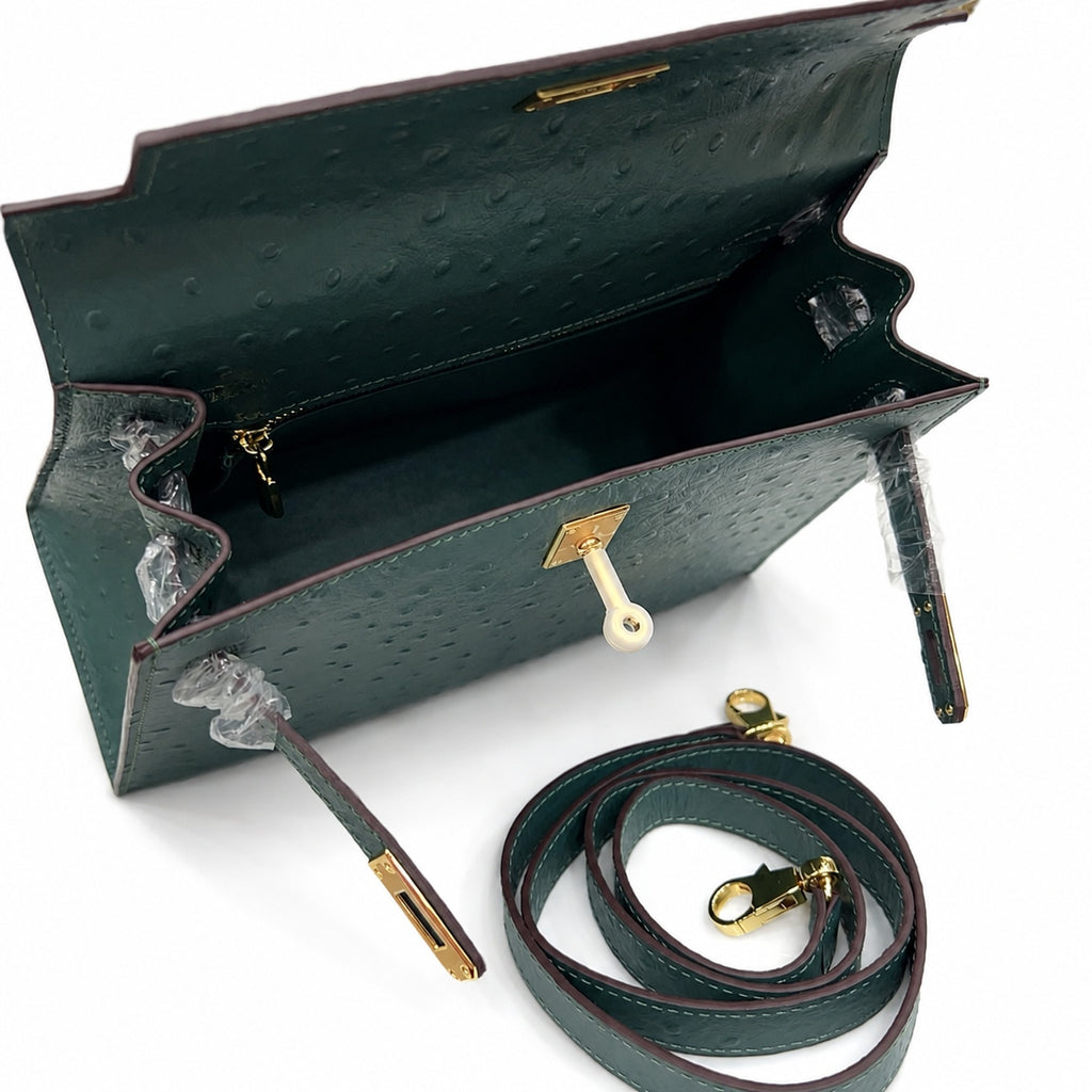Kelly Sellier 25cm Vert Cypress Ostrich Gold Hardware Vintage Women Handbag