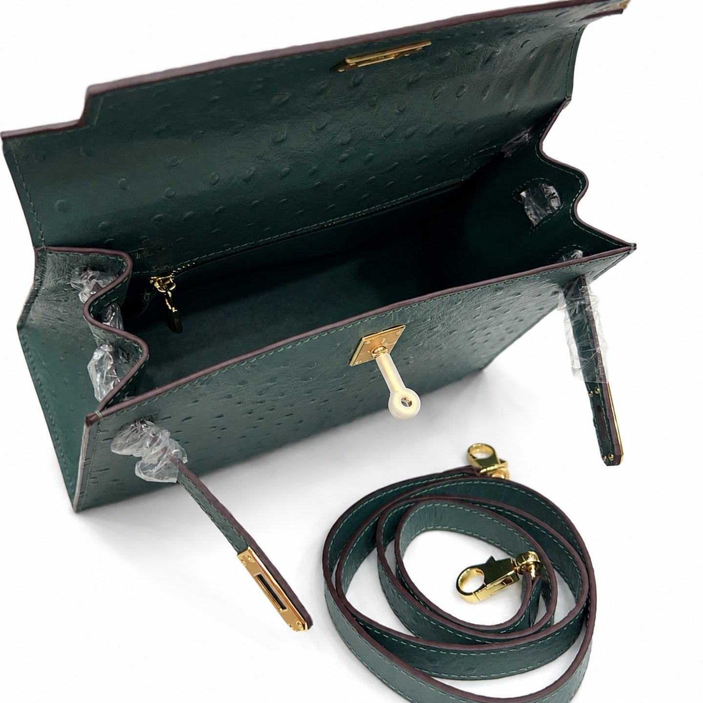 Kelly Sellier 25cm Vert Cypress Ostrich Gold Hardware Vintage Women Handbag