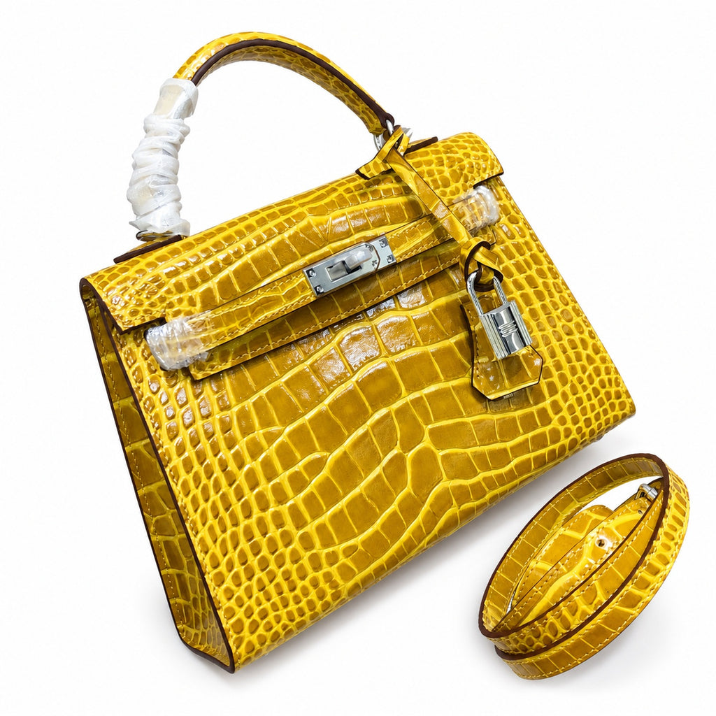 Kelly Sellier 22cm Jaune Ambre Shiny Crocodile Leather Gold Hardware & Palladium Hardware Women Handbag