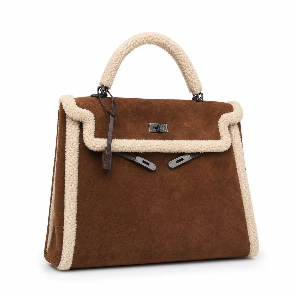Kelly Sellier 28cm Ebene Suede Leather Gold Hardware Commute Shoulder Handbag