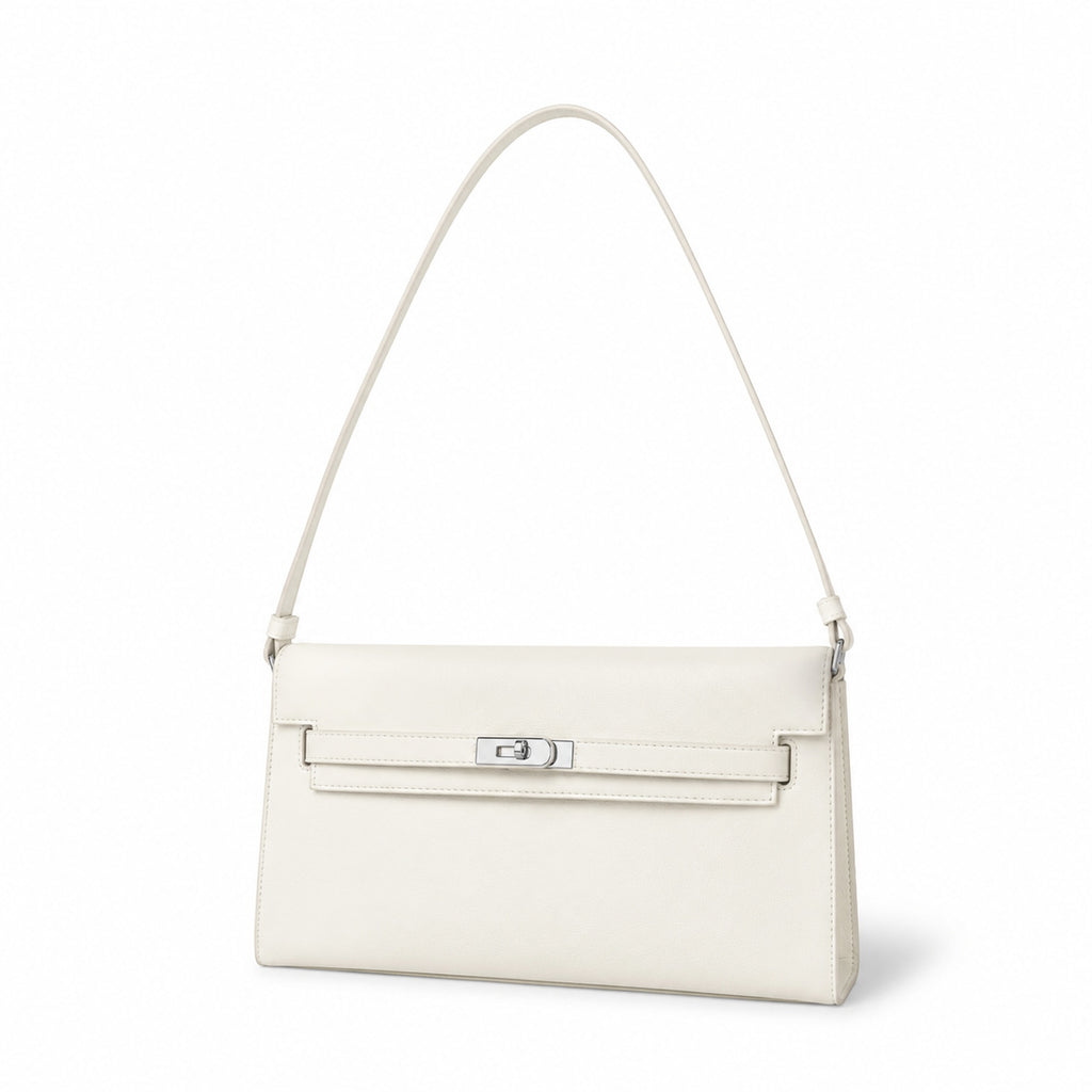Kelly Elan 25 Underarm Baguette Bag, Genuine Top Layer Cowhide Goat Grain Leather, Silver Hardware Off White Shoulder Handbag, Youthful Elegant Goddess Daily Purse Size 25×6.5×15cm