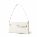Kelly Elan 25 Underarm Baguette Bag, Genuine Top Layer Cowhide Goat Grain Leather, Silver Hardware Off White Shoulder Handbag, Youthful Elegant Goddess Daily Purse Size 25×6.5×15cm