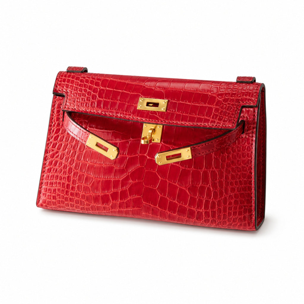 Kelly Pochette Rouge Casa Shiny Niloticus Crocodile Leather Gold Hardware Women Clutch Bag