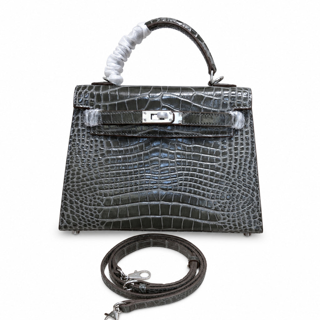 Kelly Sellier 22 Étoupe Shiny Alligator Silver Hardware