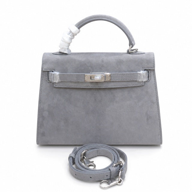 Kelly Sellier 22cm Gris Asphalte Suede Leather Palladium Hardware Women Handbag