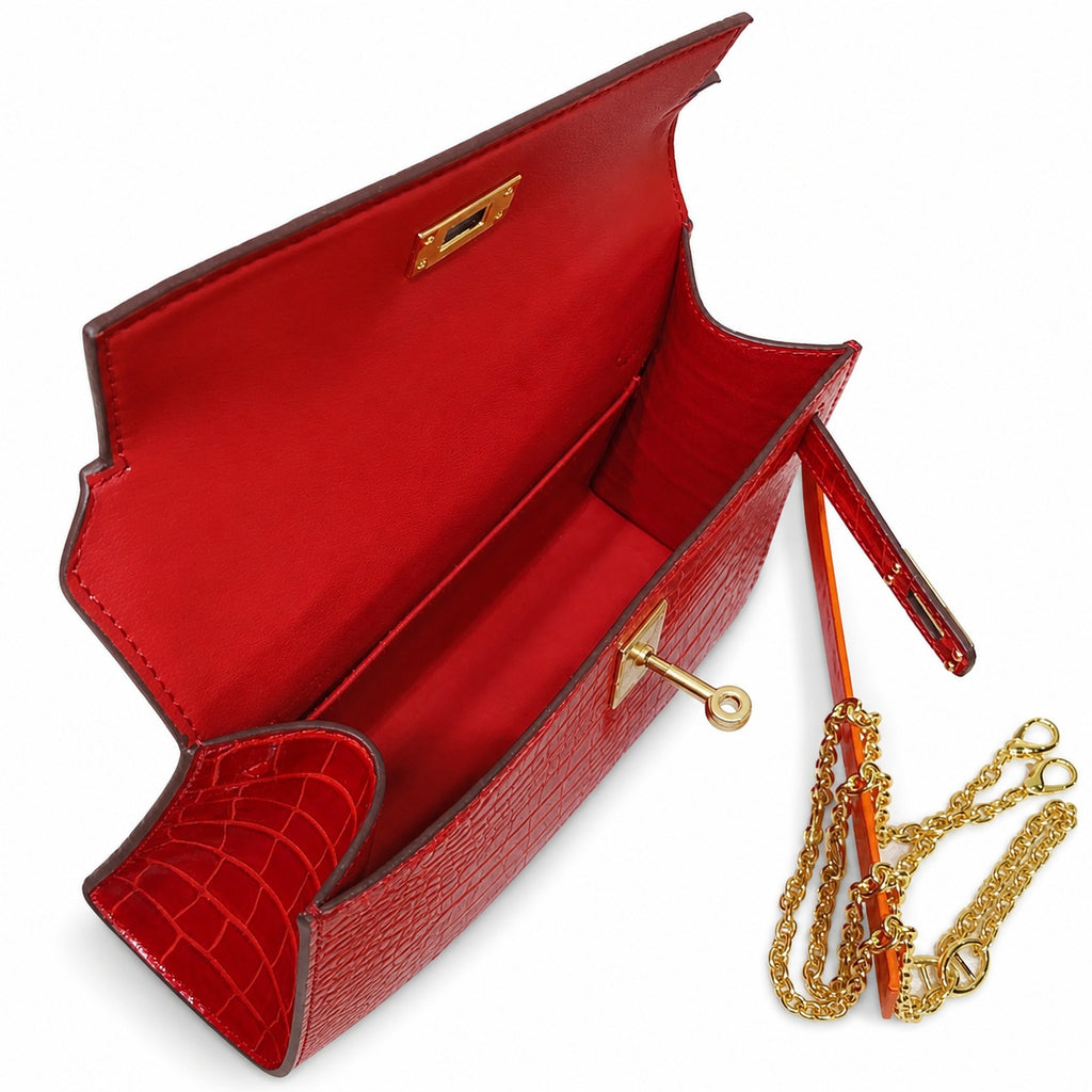 Kelly Pochette Rouge Casa Shiny Niloticus Crocodile Leather Gold Hardware Women Clutch Bag