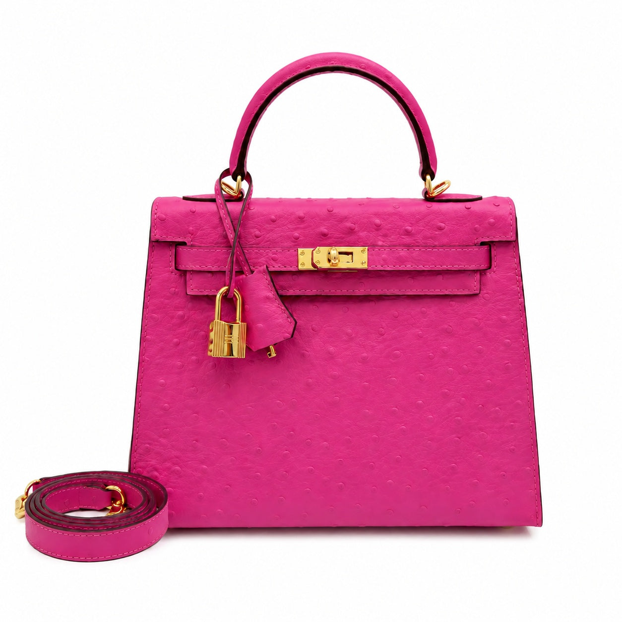 Kelly Sellier 25cm Rose Tyrien Ostrich Gold Hardware Designer Crossbody Tote