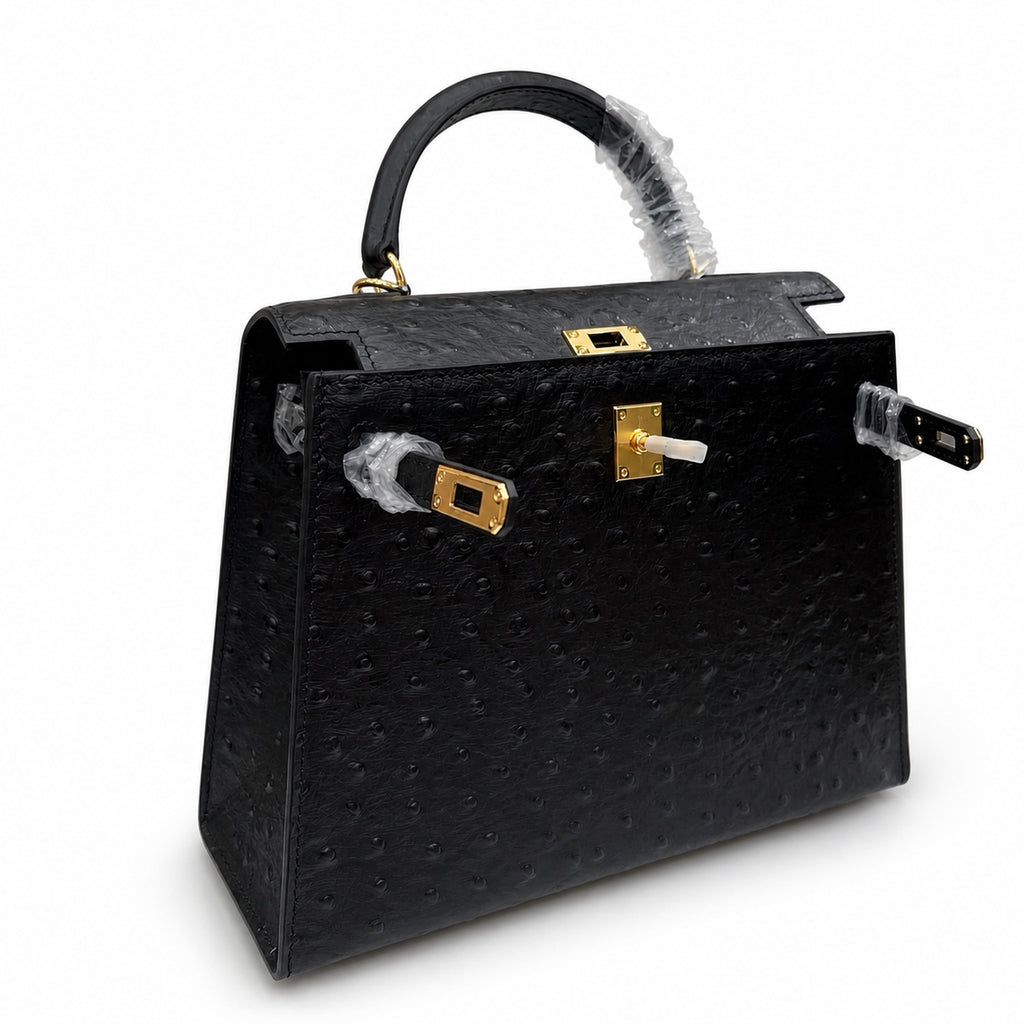 Kelly Sellier 25cm Noir Black Ostrich Gold Hardware Designer Shoulder Tote