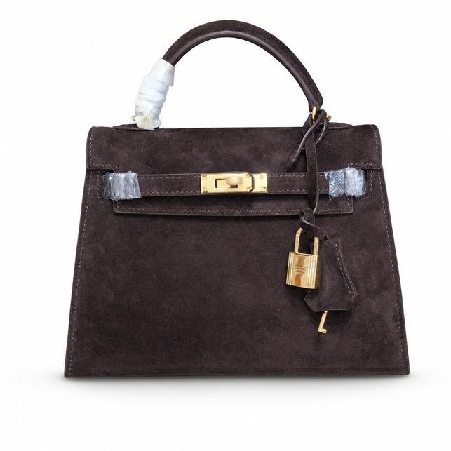 Mini Kelly Sellier 22cm Ebene Suede Leather Gold Hardware Women Mini Handbag