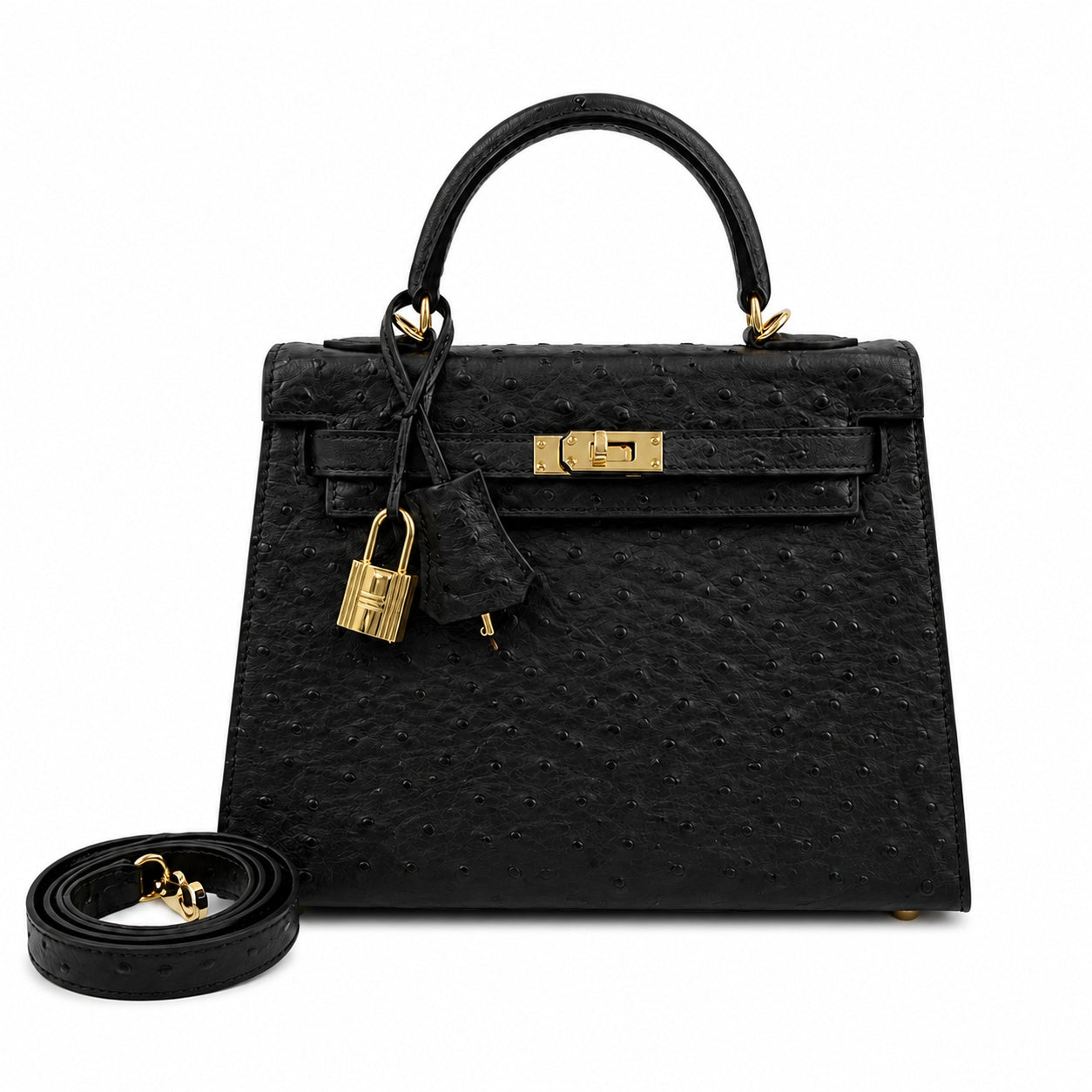 Kelly Sellier 25cm Noir Black Ostrich Gold Hardware Designer Shoulder Tote