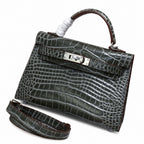 Kelly Sellier 19cm Gris Elephant Shiny Crocodile Leather Gold Hardware & Palladium Hardware Women Handbag