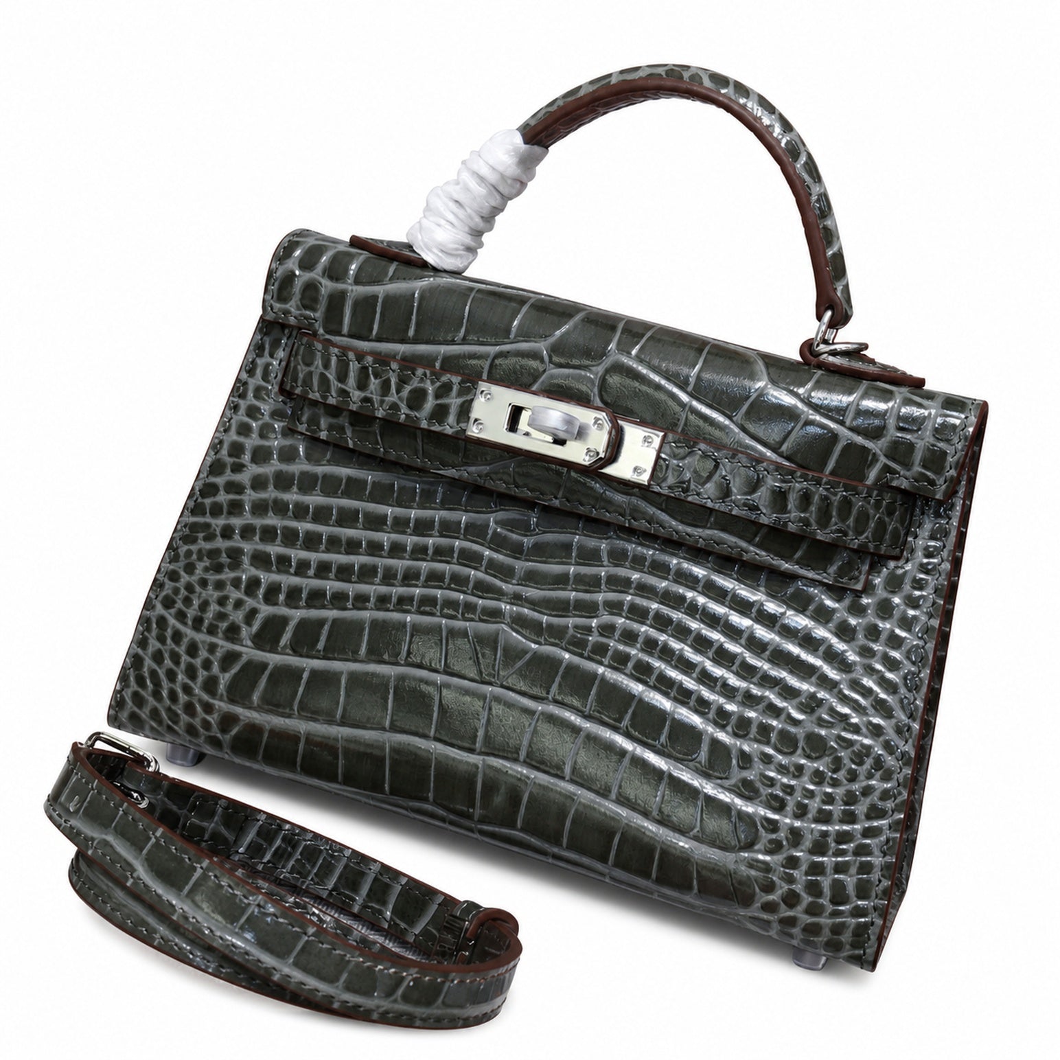 Kelly Sellier 19cm Gris Elephant Shiny Crocodile Leather Gold Hardware & Palladium Hardware Women Handbag