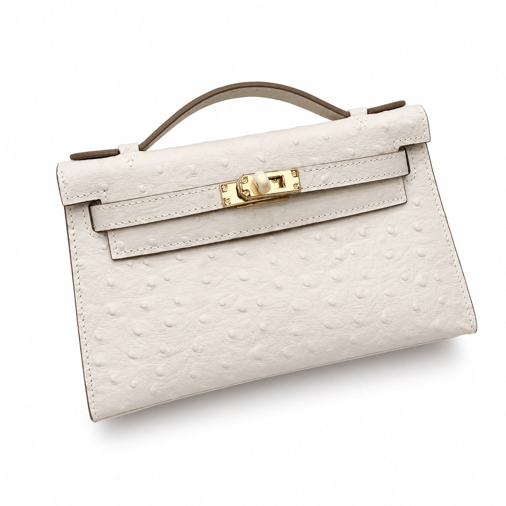 Mini Kelly II Sellier 19cm & 22cm Craie Ostrich Leather Gold Hardware Women Mini Handbag