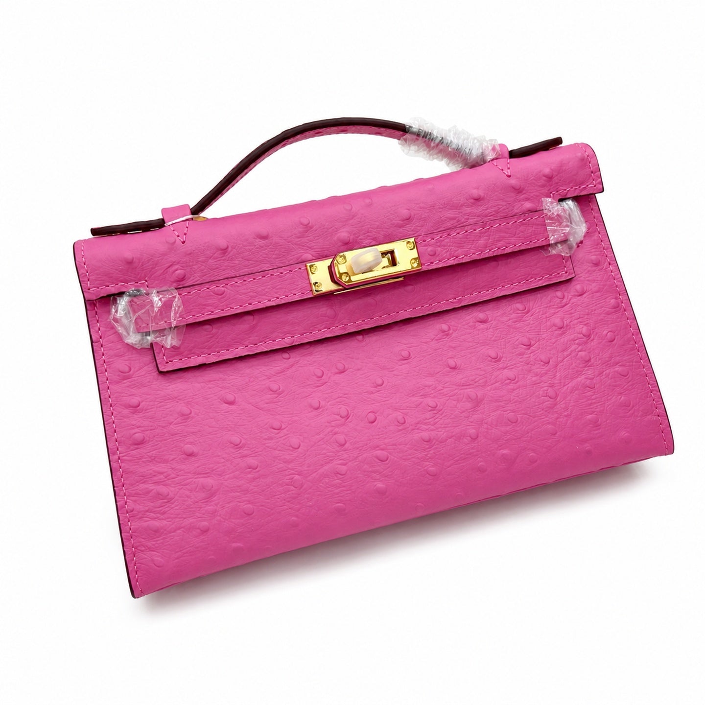 Mini Kelly Sellier 22cm Rose Tyrien Ostrich Leather Gold Hardware Women Mini Handbag