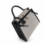 Top Selling Kelly 25 Bag With Outside Stitching, Made Of Textured Canvas & Soft Swift Leather Patchwork, Classic Black Silver Hardware Combination, Stunning Mixed Material Texture Dimensions: Length 25 * Width 10 * Height 18cm