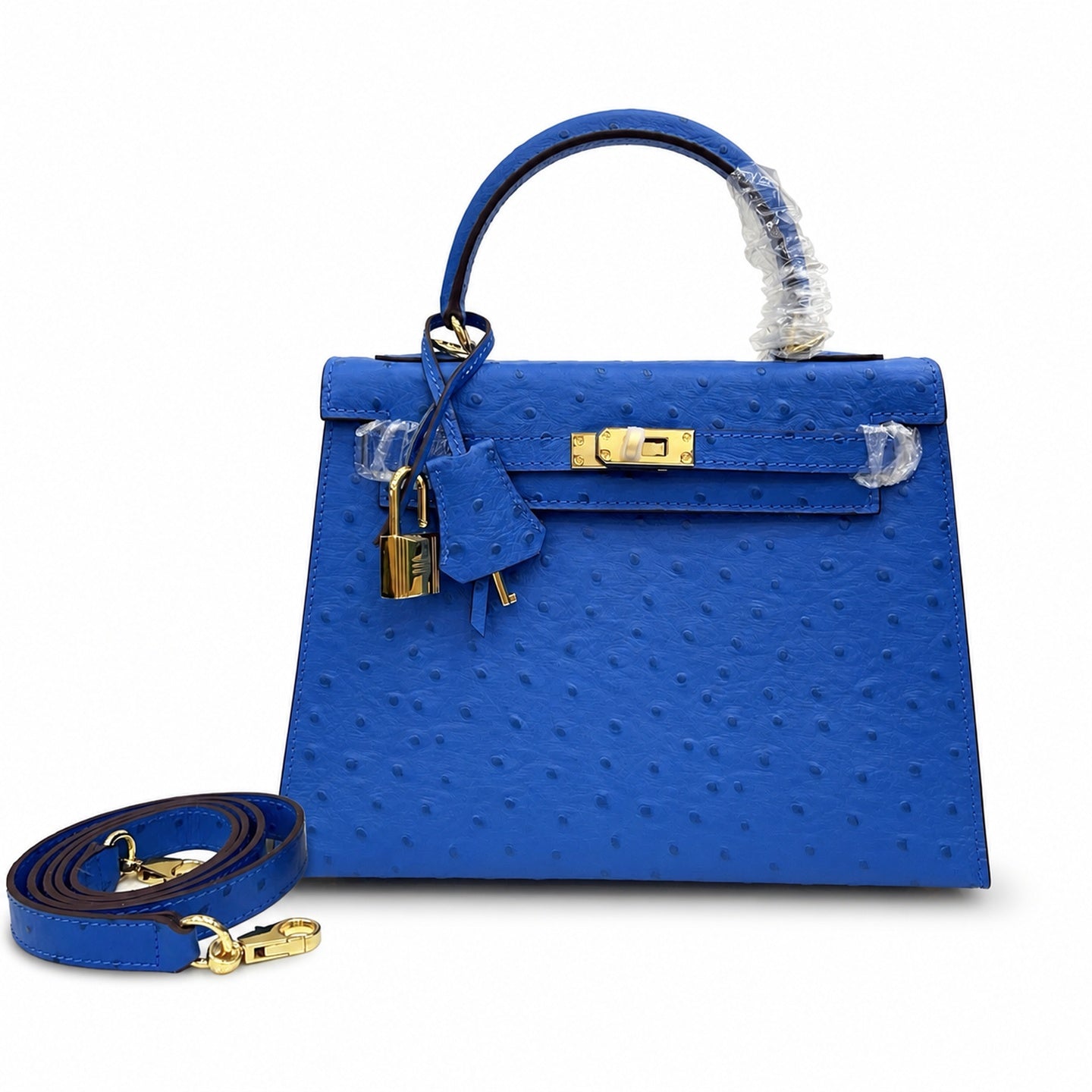 Kelly Sellier 25cm Bleu Electrique Ostrich Gold Hardware Premium Crossbody Purse