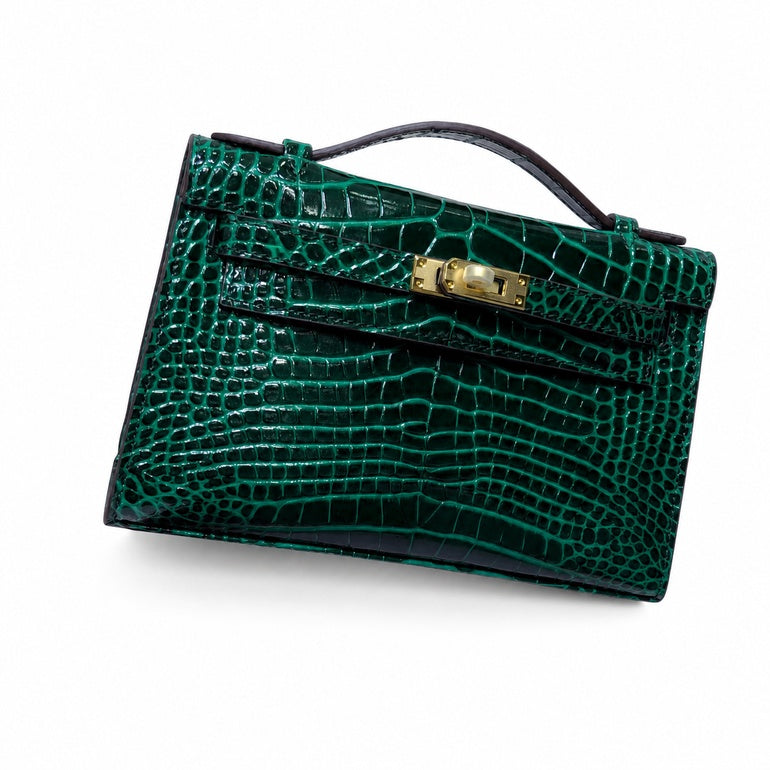 Kelly Pochette Vert Emeraude Shiny Niloticus Crocodile Leather Gold Hardware Women Clutch Bag