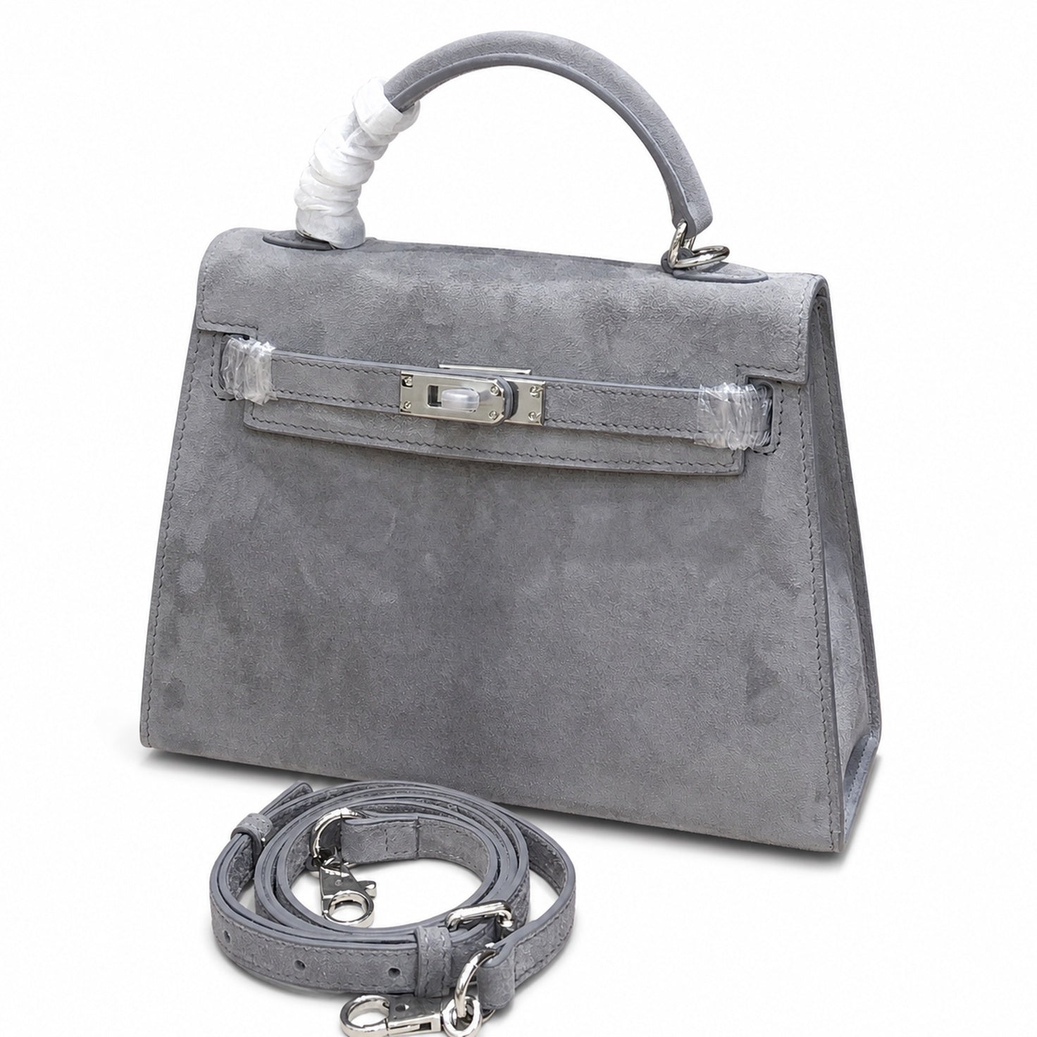 Kelly Sellier 22cm Gris Asphalte Suede Leather Palladium Hardware Women Handbag