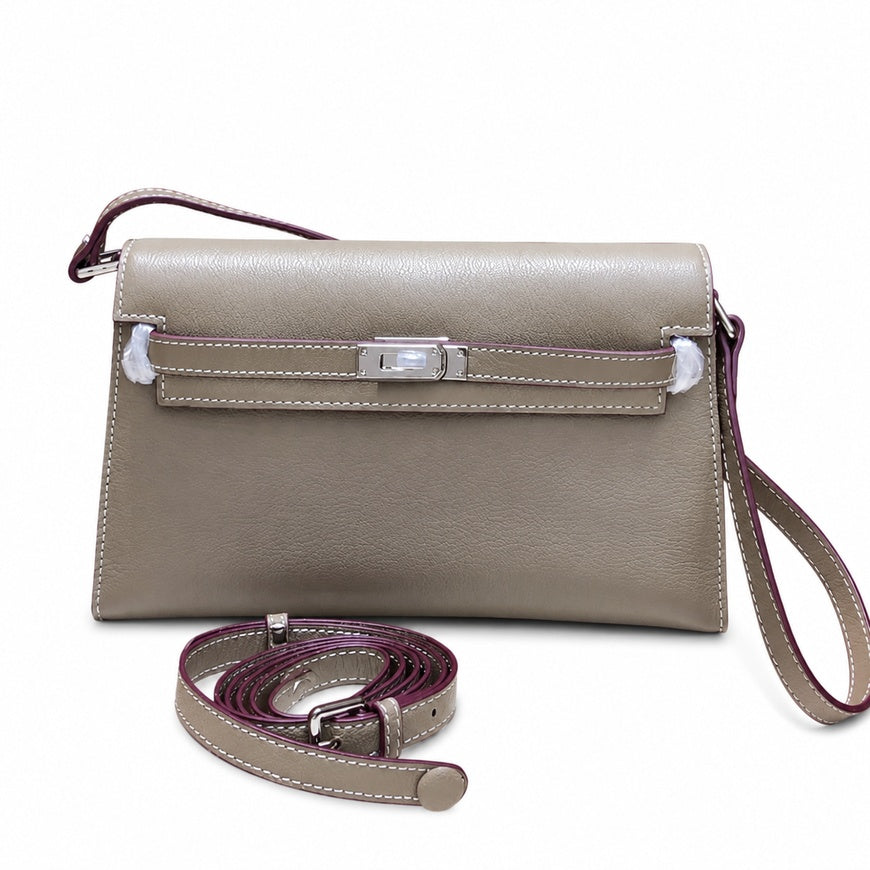 Kelly Elan 25 Underarm Baguette Bag, Genuine Top Layer Cowhide Goat Grain Leather, Silver Hardware Khaki Shoulder Handbag, Timeless Neutral Must-have Bag Elegant Versatile Daily Purse Size 25×6.5×15cm