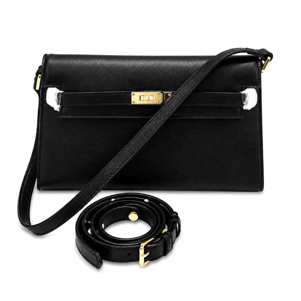 Kelly Elan 25 Underarm Baguette Bag, Genuine Top Layer Cowhide with Glossy Goat Grain, Gold Hardware Black Shoulder Handbag, Spacious Capacity Casual Versatile Daily Purse Size 25×6.5×15cm