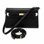 Kelly Elan 25 Underarm Baguette Bag, Genuine Top Layer Cowhide with Glossy Goat Grain, Gold Hardware Black Shoulder Handbag, Spacious Capacity Casual Versatile Daily Purse Size 25×6.5×15cm
