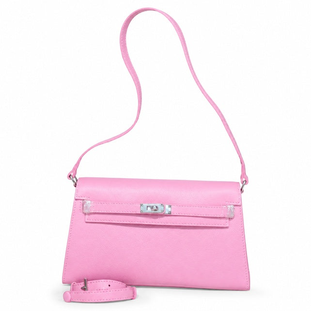 Kelly Elan 25 Underarm Baguette Bag, Genuine Top Layer Cowhide Goat Grain Leather, Silver Hardware Mauve Iris Purple Shoulder Handbag, Bright Soft Tone Youthful Elegant Daily Purse Size 25×6.5×15cm