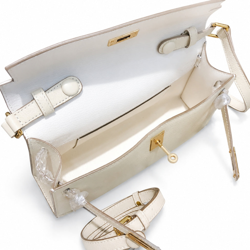 Kelly Elan 25 Underarm Baguette Bag, Genuine Top Layer Cowhide with Goat Grain, Gold Hardware Minimalist Off White Shoulder Handbag, Size 25×6.5×15cm Elegant Soft Tone Daily Purse for Women