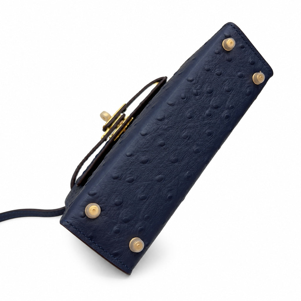 Mini Kelly Sellier 19cm Bleu Nuit Ostrich Leather Gold Hardware Women Mini Handbag