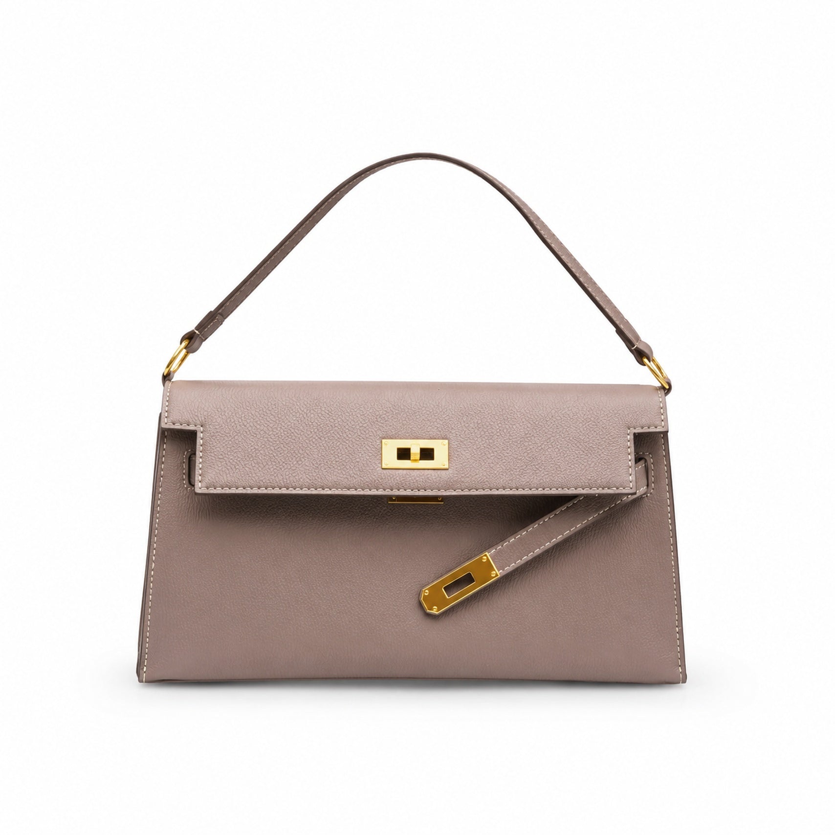Kelly Elan 25 Genuine Goat Grain Top Layer Cowhide Shoulder Bag, Gold Hardware Neutral Khaki Faux Kelly Baguette Underarm Bag, 25×6.5×15cm Elegant Commute Handbag for Women All Season Match