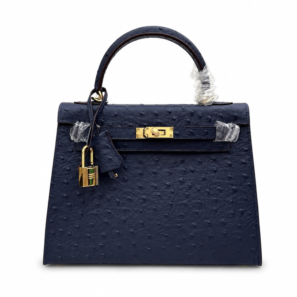 elly Sellier 25cm Bleu Nuit Ostrich Gold Hardware Luxury Commute Handbag