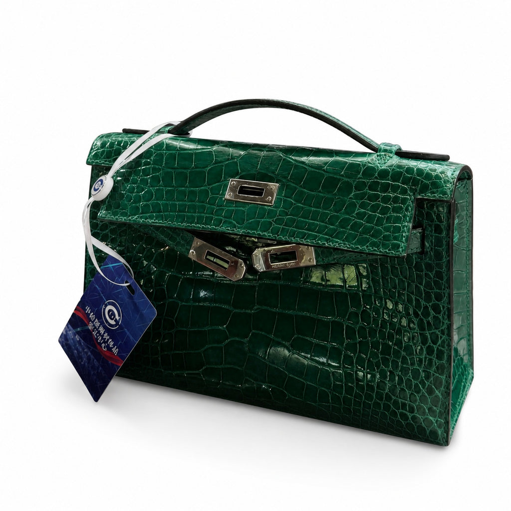 Kelly Pochette Vert Emeraude Shiny Niloticus Crocodile Leather Palladium Hardware Women Clutch Bag