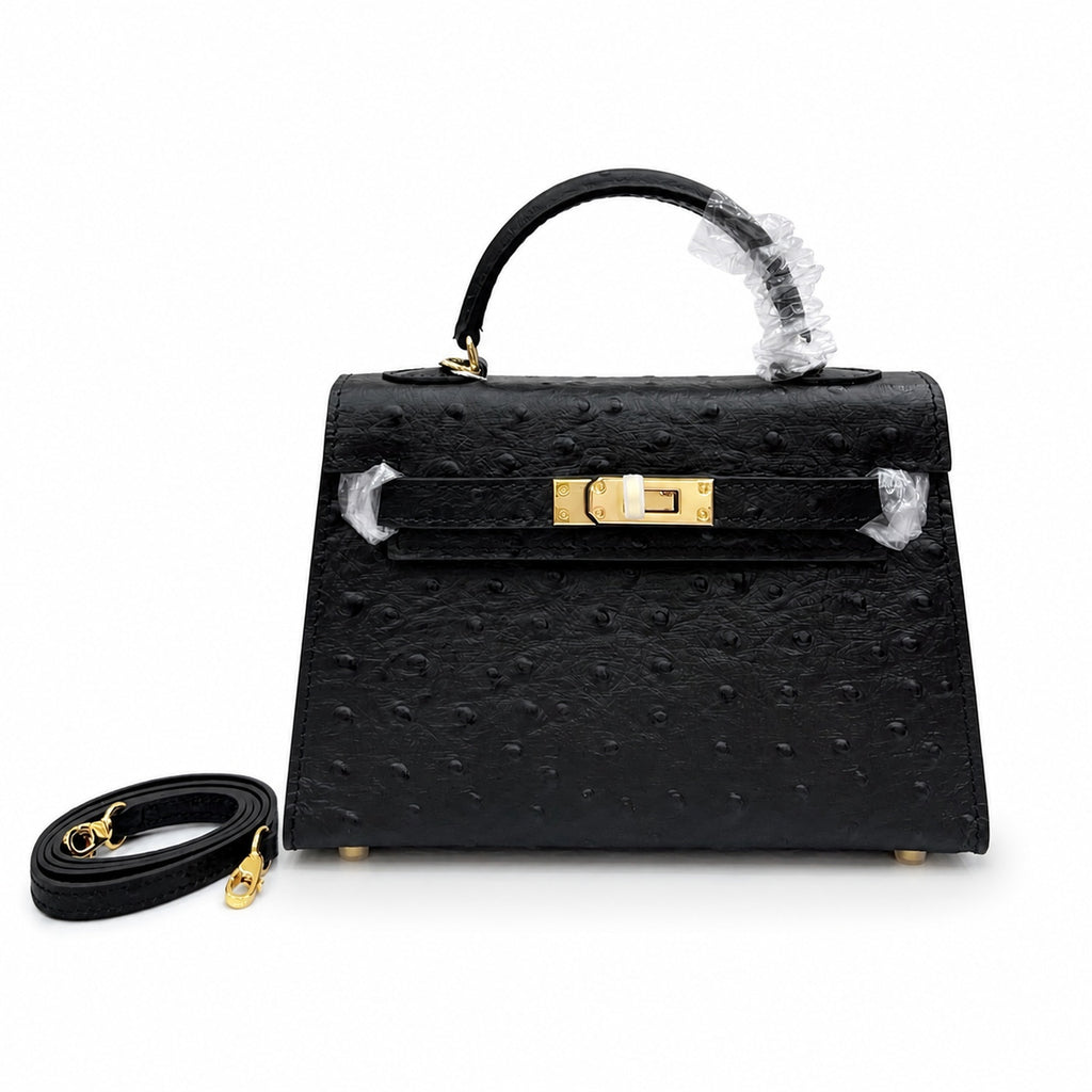 Mini Kelly Sellier 19cm Noir Ostrich Leather Gold Hardware Women Mini Handbag