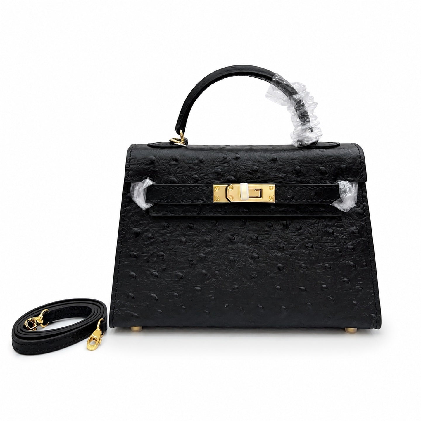 Mini Kelly Sellier 19cm Noir Ostrich Leather Gold Hardware Women Mini Handbag