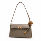 Kelly Elan 25 Genuine Goat Grain Top Layer Cowhide Shoulder Bag, Gold Hardware Neutral Khaki Faux Kelly Baguette Underarm Bag, 25×6.5×15cm Elegant Commute Handbag for Women All Season Match