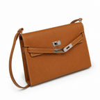 Kelly Elan 25 Underarm Baguette Bag, Genuine Top Layer Cowhide Goat Grain Leather, Silver Hardware Caramel Brown Shoulder Purse, Vintage Classic Fall Winter Must-Have Handbag Size 25×6.5×15cm