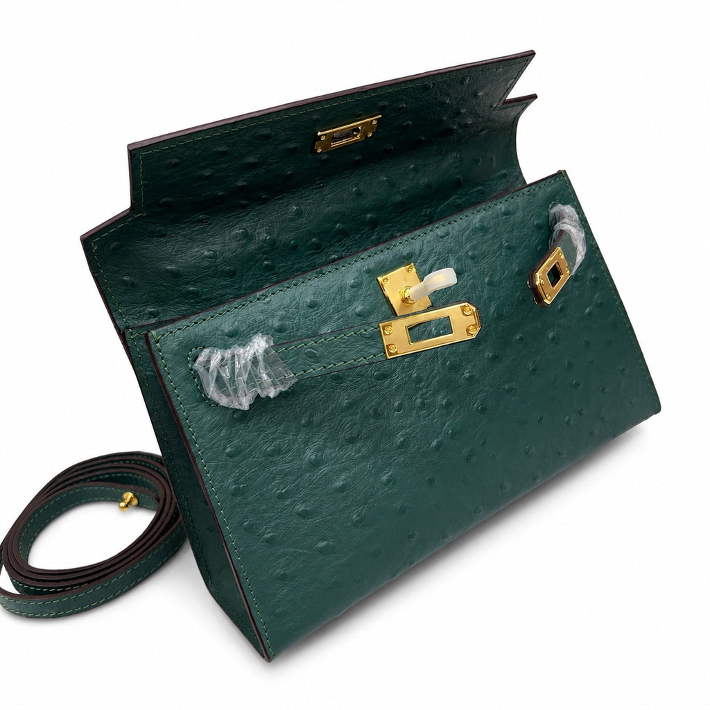 Mini Kelly II Sellier 19cm & 22cm Vert Fonce Ostrich Leather Gold Hardware Women Mini Handbag