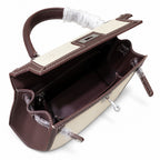 Kelly 25 Bag With Exterior Stitching Crafted Of Patchwork Canvas & Premium Swift Leather, Classic Deep Ebony Wood Shade, Unique Mixed Material Texture With Distinct Vintage Charm Dimensions: Length 25 * Width 10 * Height 18cm