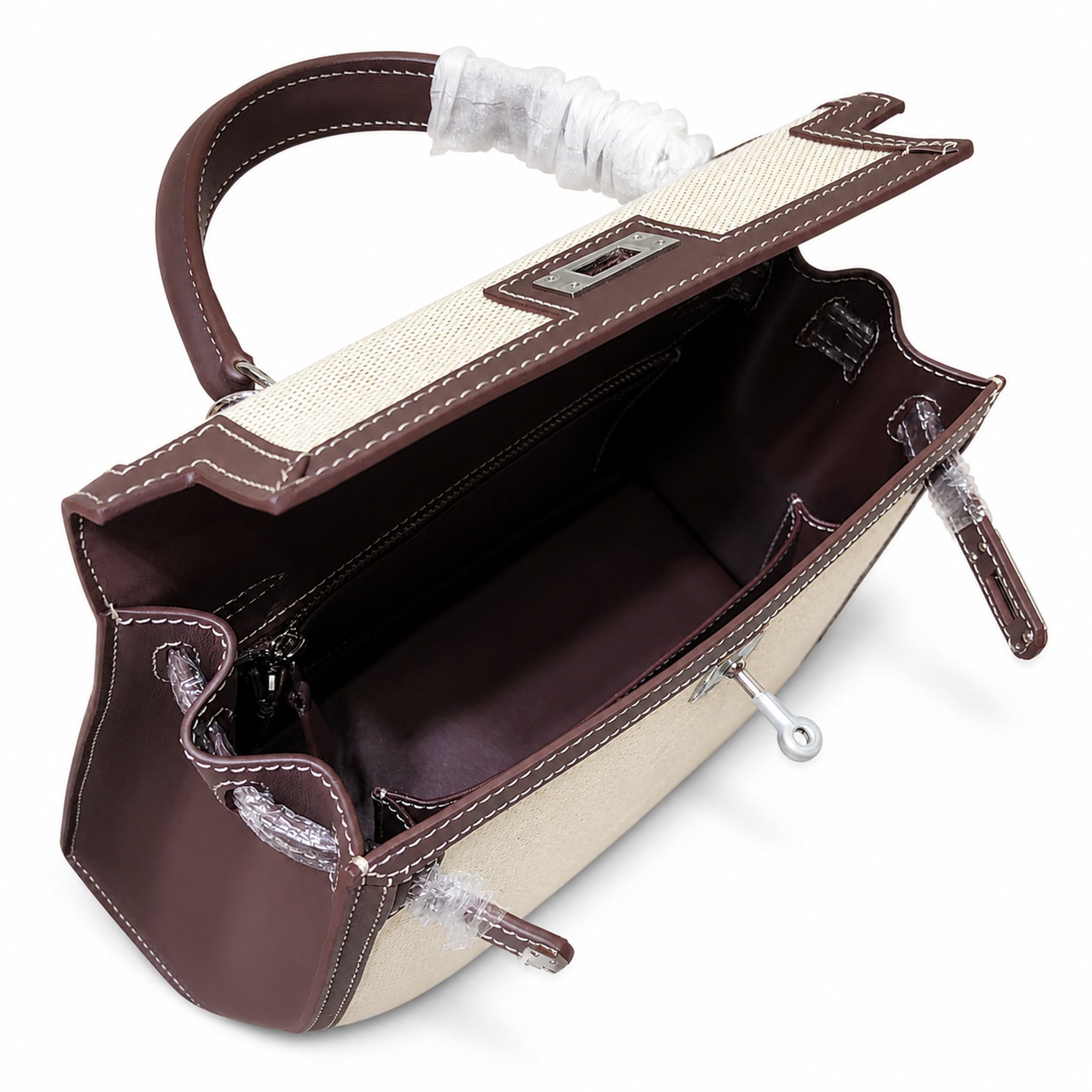 Kelly 25 Bag With Exterior Stitching Crafted Of Patchwork Canvas & Premium Swift Leather, Classic Deep Ebony Wood Shade, Unique Mixed Material Texture With Distinct Vintage Charm Dimensions: Length 25 * Width 10 * Height 18cm