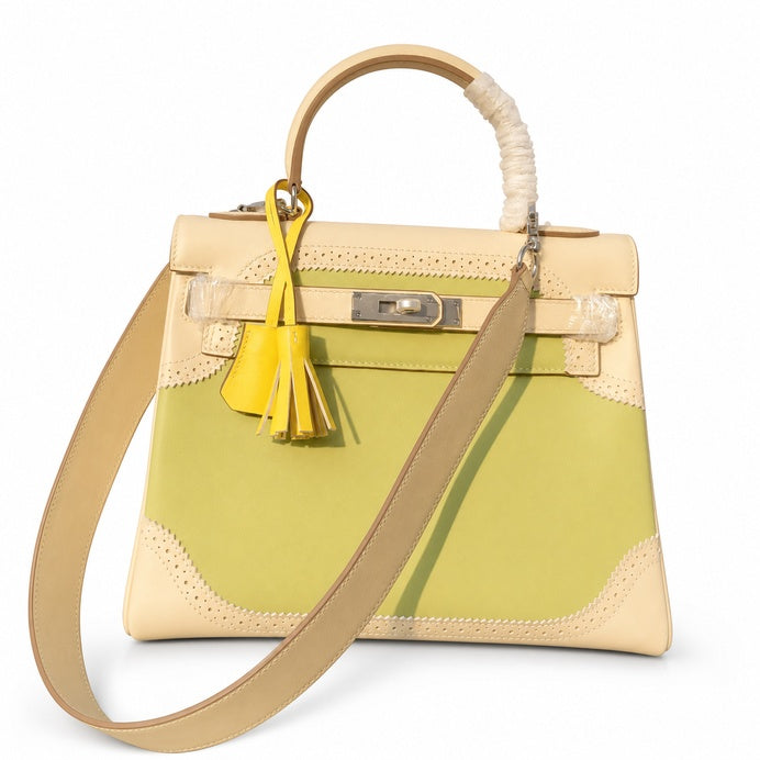 Kelly Sellier Ghillies 28cm Craie & Vert Pomme Barenia Leather Palladium Hardware Women Handbag