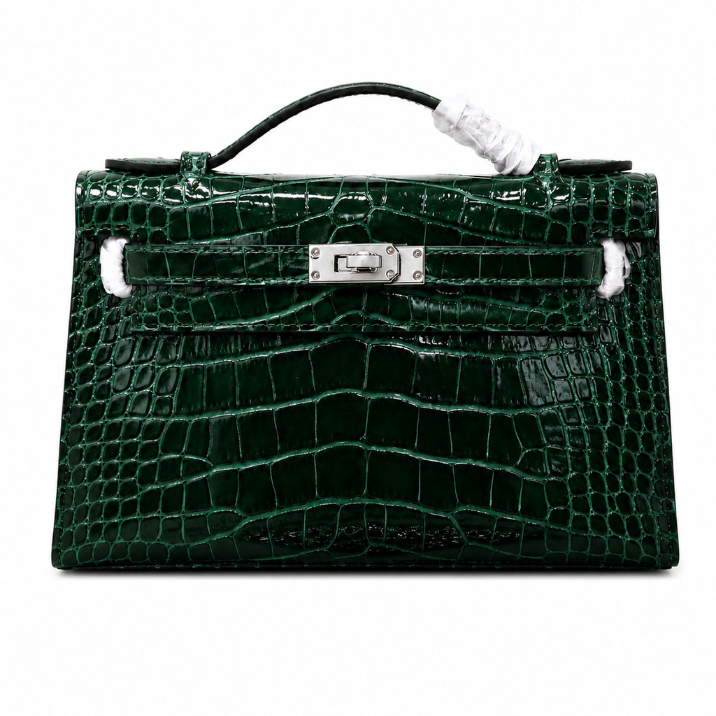 Kelly Pochette Vert Emeraude Shiny Niloticus Crocodile Leather Palladium Hardware Women Clutch Bag