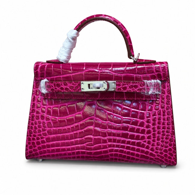 Kelly Sellier 19cm Fuchsia Shiny Crocodile Leather Gold Hardware & Palladium Hardware Women Handbag