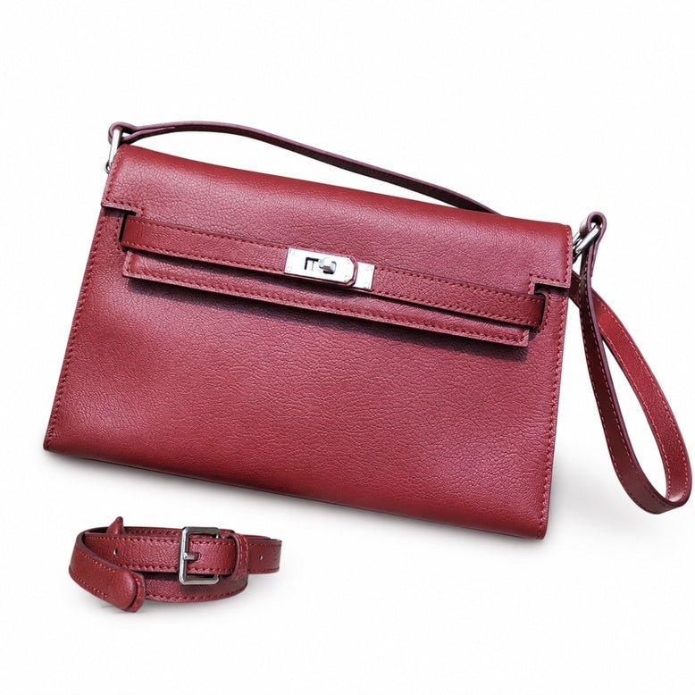 Kelly Elan 25 Underarm Baguette Bag, Genuine Top Layer Cowhide Goat Grain Leather, SilverHardware Vintage Wine Red Shoulder Handbag, Elegant Luxury Quiet Glam Daily Purse Size 25×6.5×15cm
