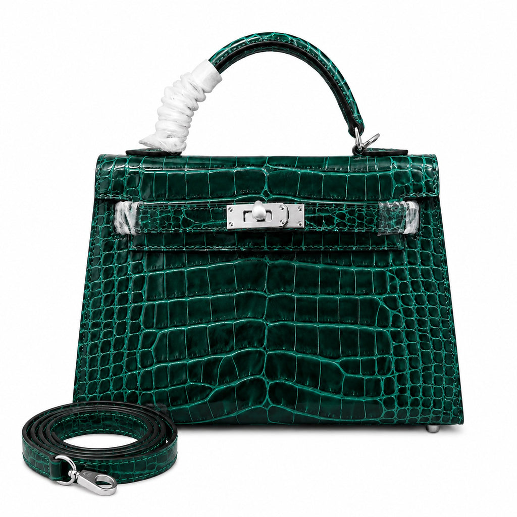 Kelly Sellier 22cm Vert Emeraude Shiny Crocodile Leather Gold Hardware & Palladium Hardware Women Handbag