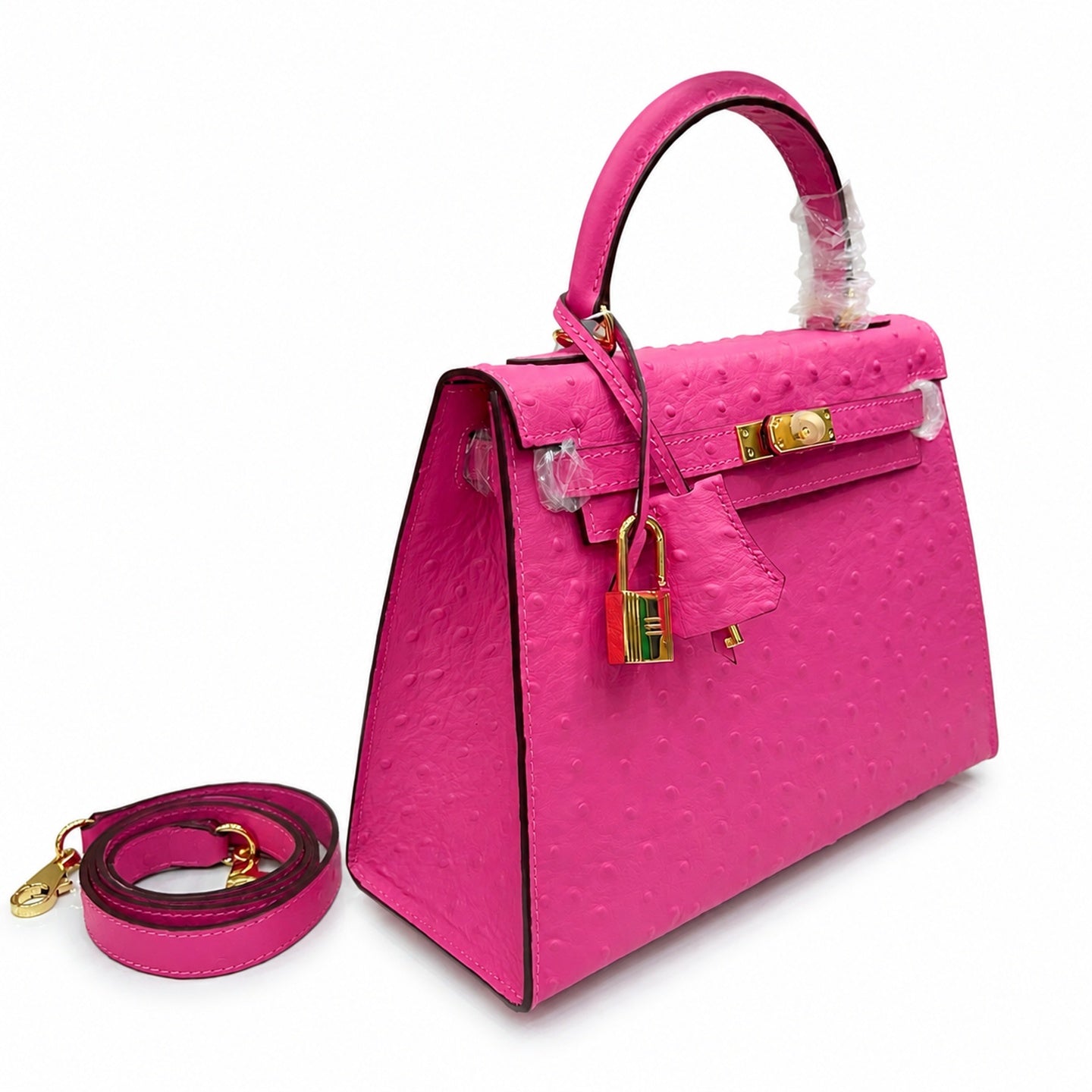 Kelly Sellier 25cm Rose Tyrien Ostrich Gold Hardware Designer Crossbody Tote