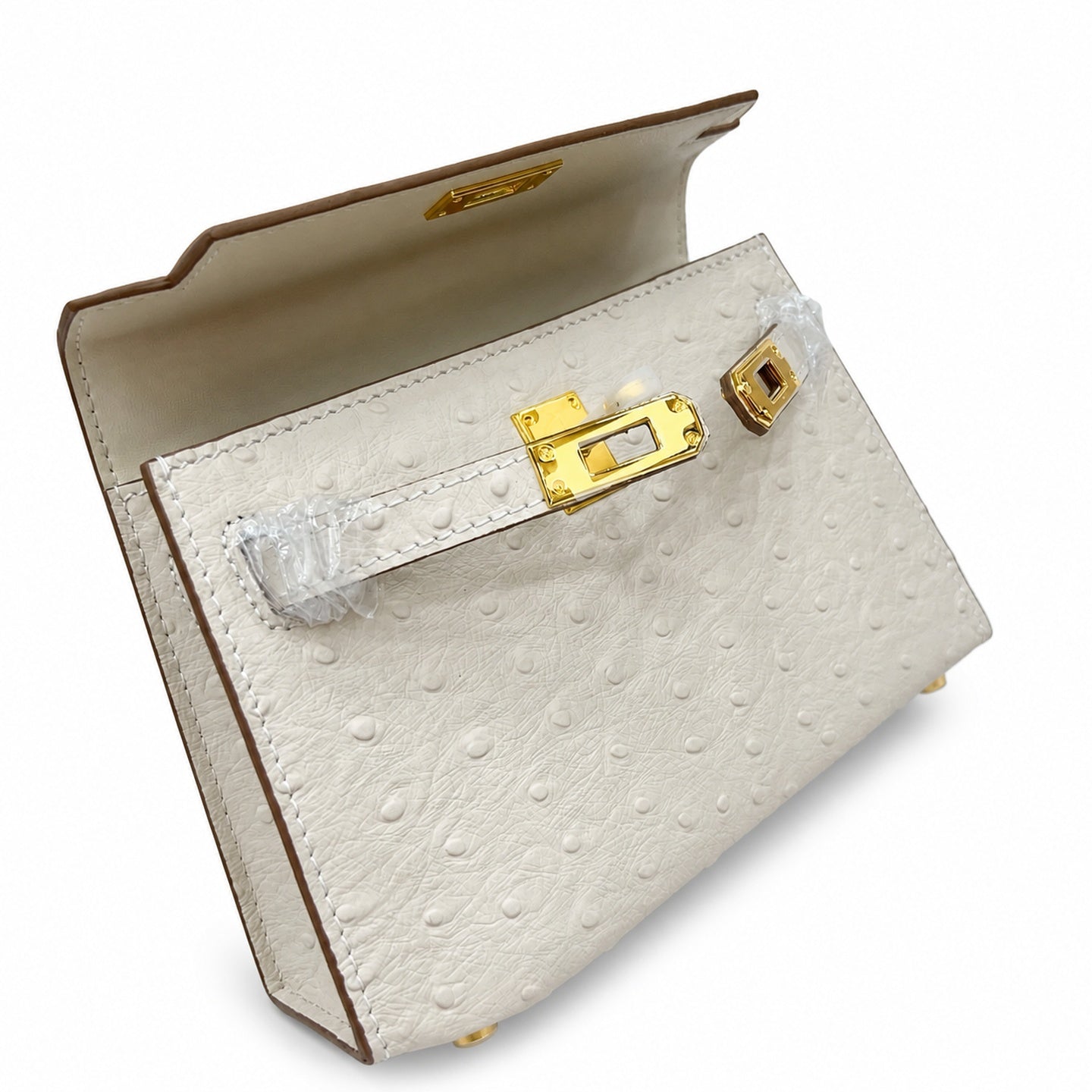 Mini Kelly II 19cm Sellier Craie Ostrich Gold Hardware Premium Women Daily Handbag