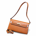 Kelly Elan 25 Top-Grain Leather Goat-Pattern Underarm Baguette Bag – Gold Buckle, Coffee Brown, 25×6.5×15cm