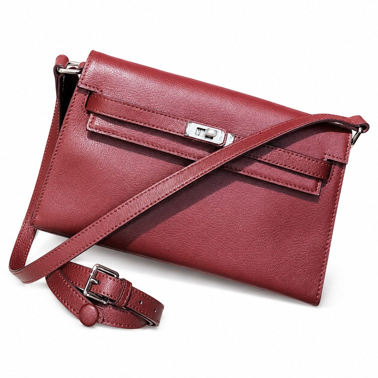 Kelly Elan 25 Underarm Baguette Bag, Genuine Top Layer Cowhide Goat Grain Leather, SilverHardware Vintage Wine Red Shoulder Handbag, Elegant Luxury Quiet Glam Daily Purse Size 25×6.5×15cm